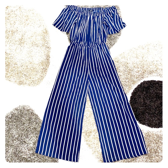 Ambiance Pants - AMBIANCE off the shoulder striped jumpsuit Sz M